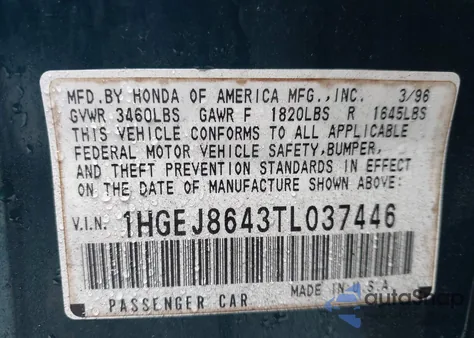 1996 Honda Civic Ex из США, поврежденный, VIN 1HGEJ8643TL037446